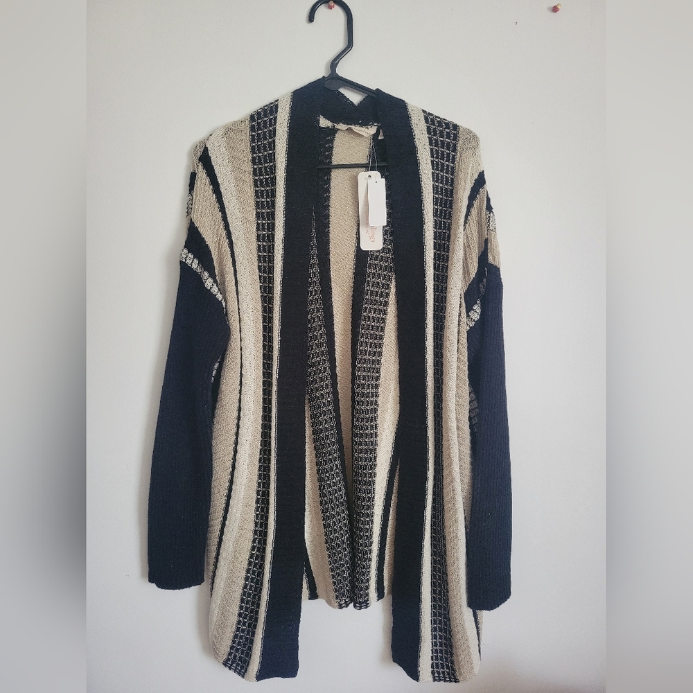 NWT-Soft Surroundings Women's  Stripe Open Cardigan Metallic Black Tan And Gold